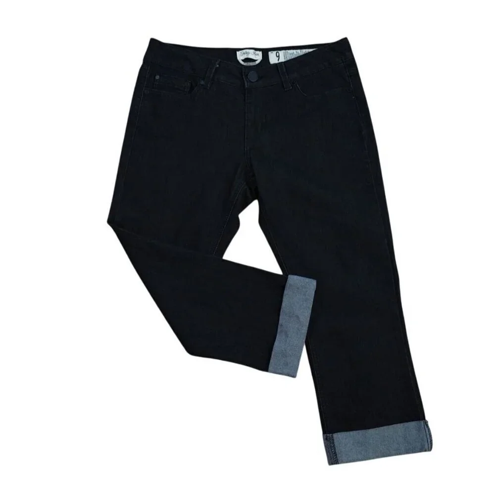 Indigo Rein Womens Black Slim Fit Cropped Jeans Size 9 Cuffed Hem Denim.